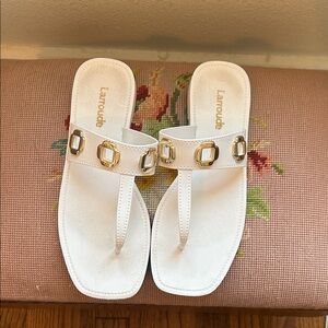 Larroude White Sandals with Gold Accents
